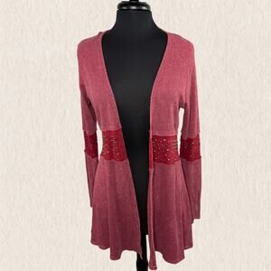 Vocal USA Grunge Studded Washed Red Ribbed Open Cardigan Size XL Y2K Boho Rocker